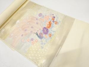 アンティーク　引箔　孔雀に草花模様織り出し　名古屋帯地反物